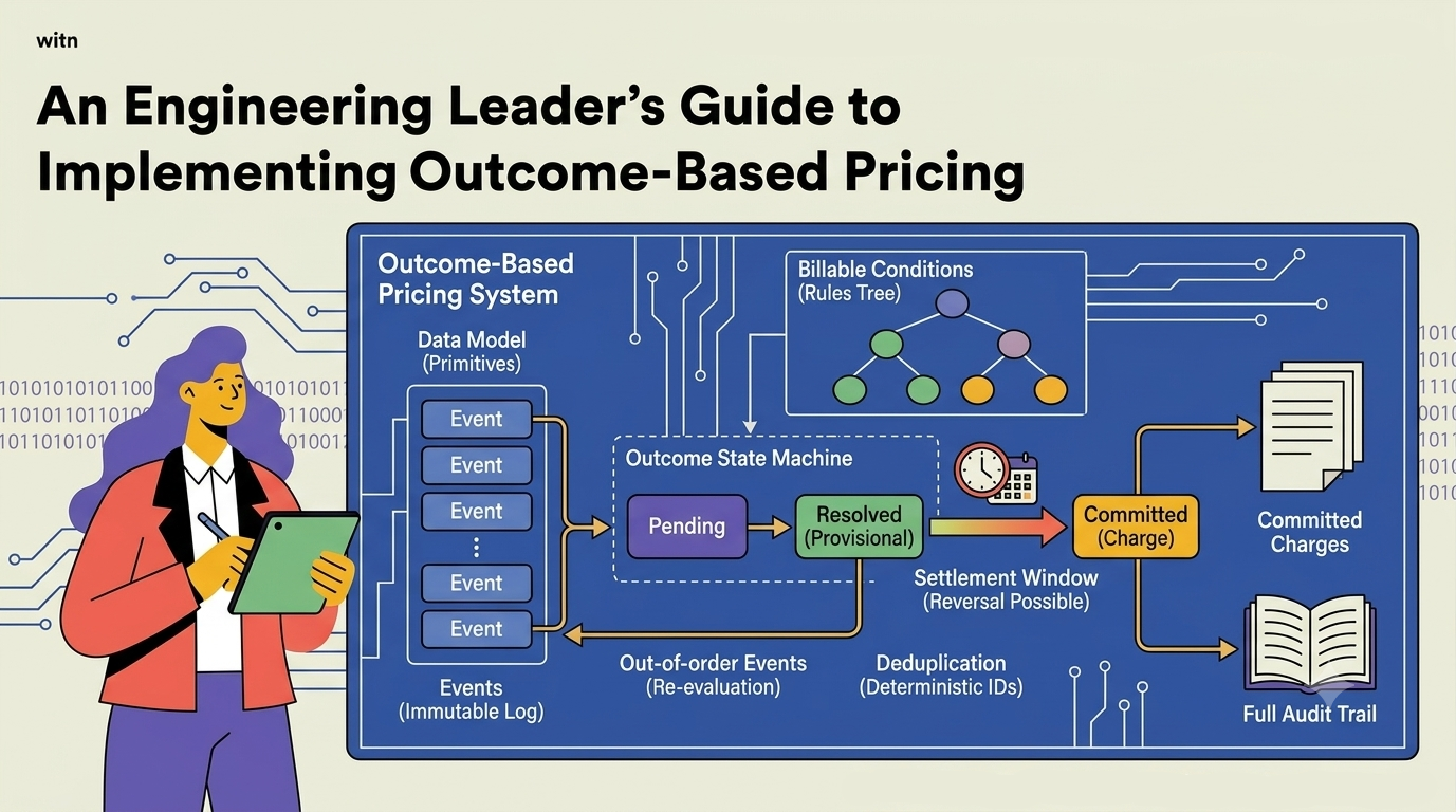 Blueprint of an outcome-based pricing system: an immutable event log feeds an outcome state machine that moves from pending to resolved to committed through a settlement window, with billable conditions as a rules tree and a full audit trail of committed charges