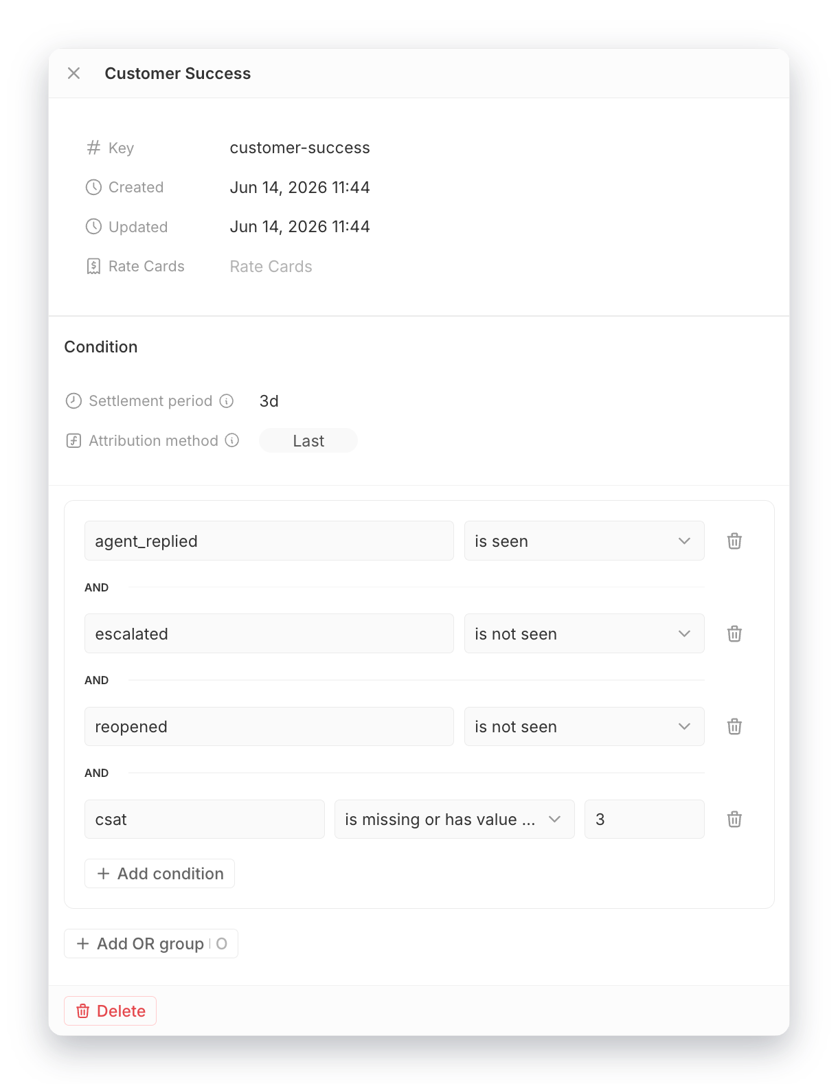 Agent editor showing a billable condition with four leaves: agent_replied is seen, escalated is not seen, reopened is not seen, csat is missing or has value above 3
