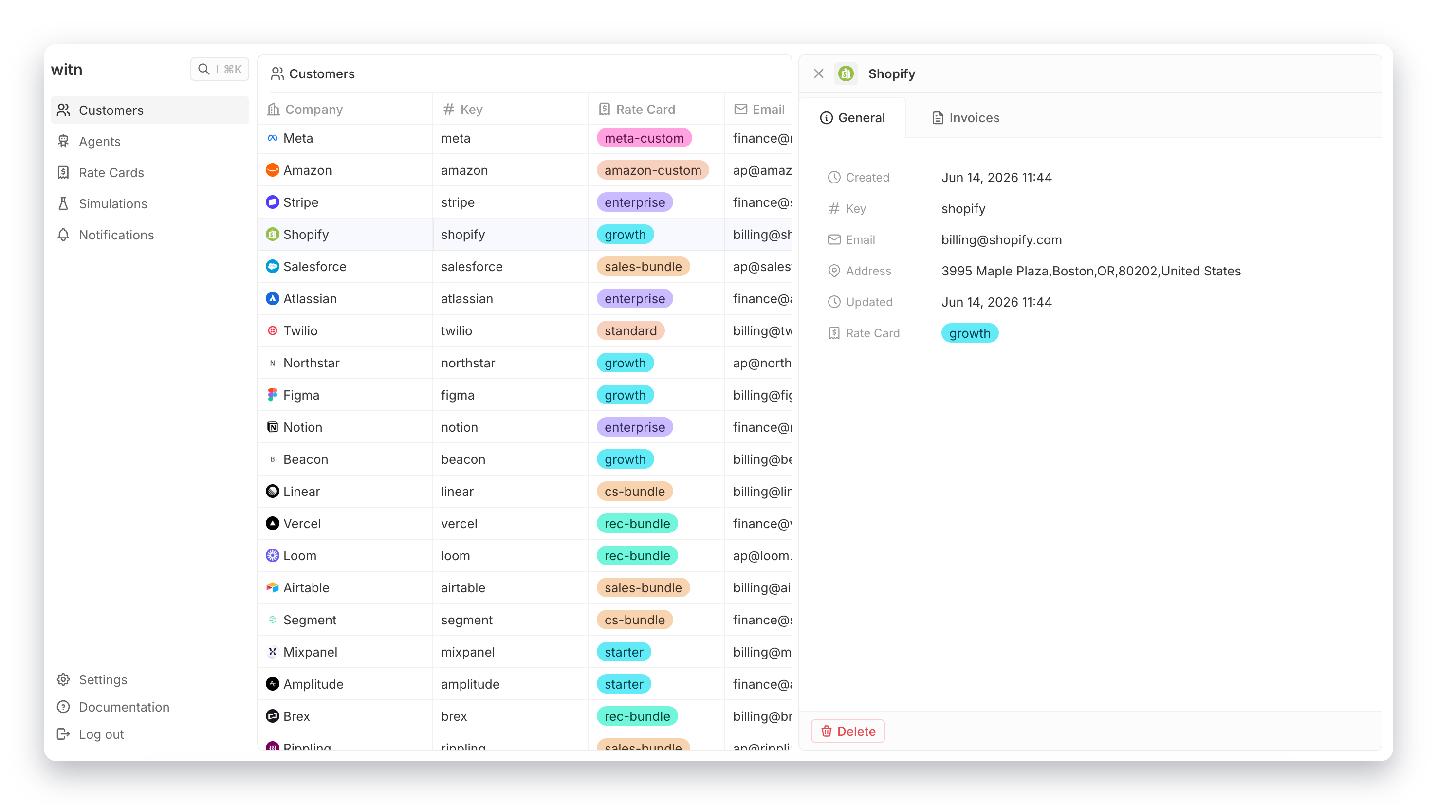 Customers list with rate card badges and a customer detail panel showing key, email, address, and rate card