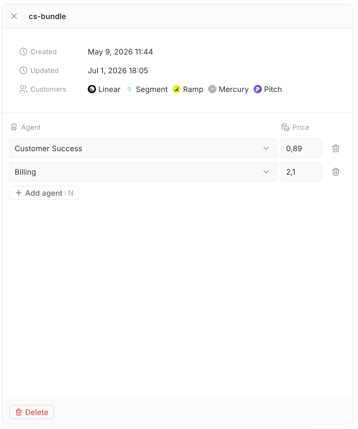 Rate card editor showing agent-to-price entries